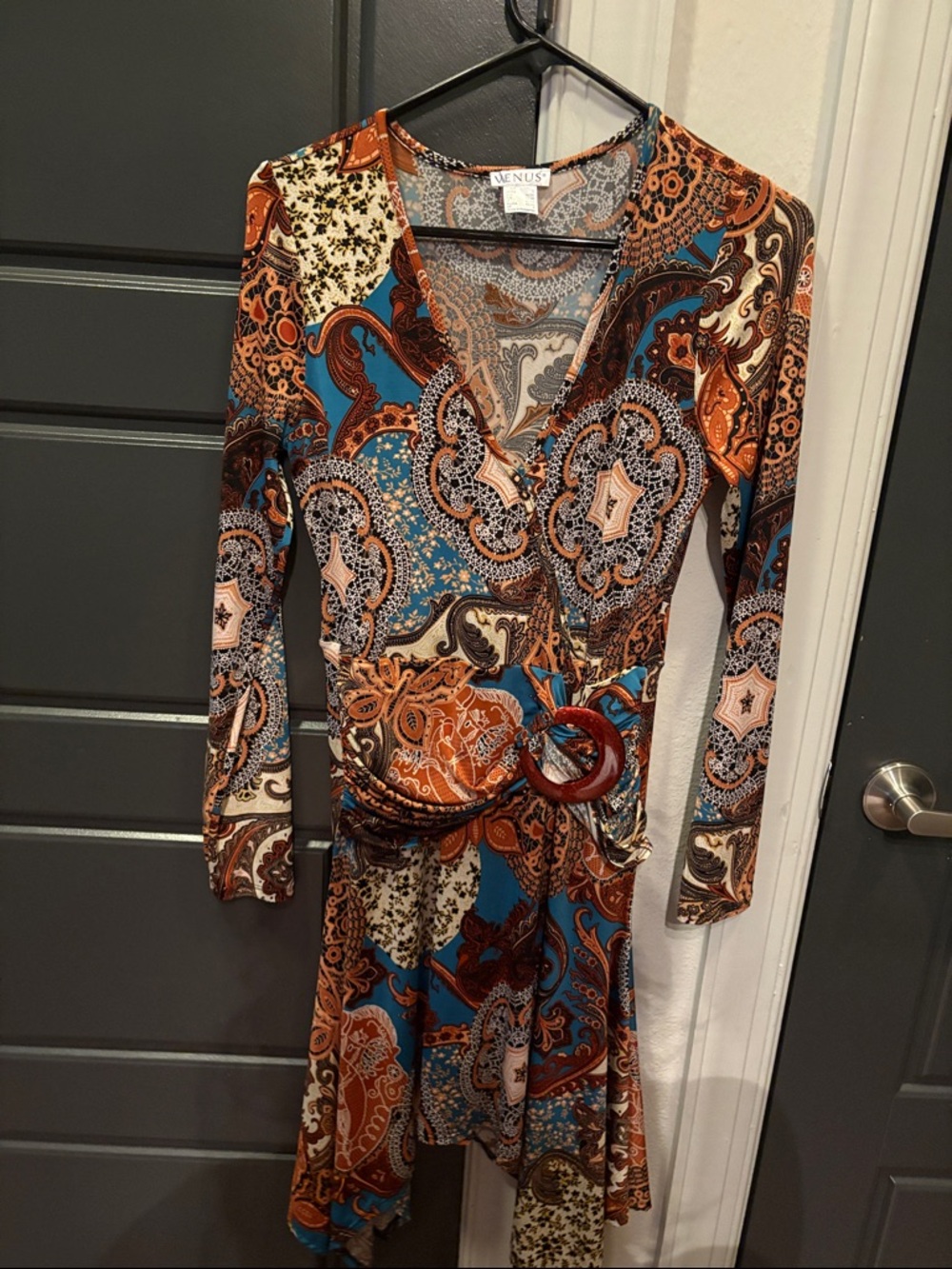 VENUS Long-Sleeve Paisley Wrap Dress in Rust & Teal